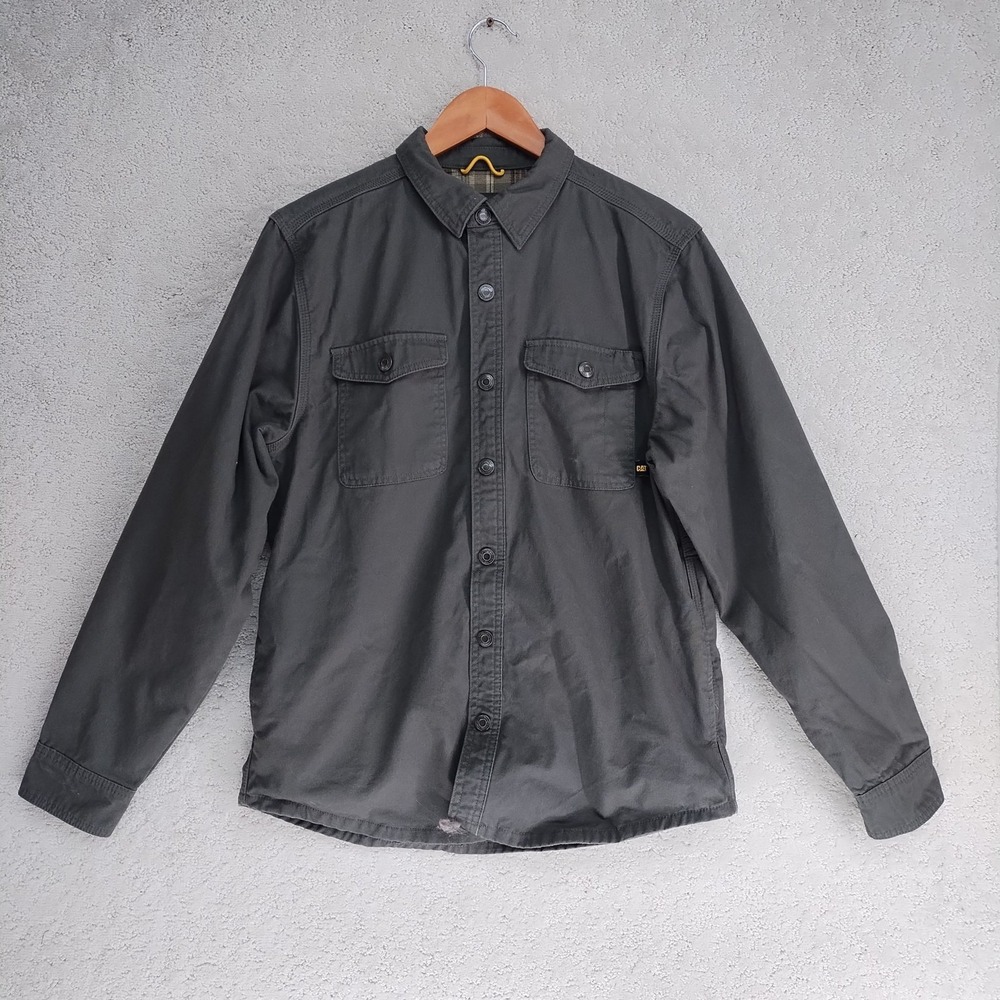 CAT Work Jacket Mens S Gray Plaid Lined Snap Front Flannel Cotton Chest Pockets